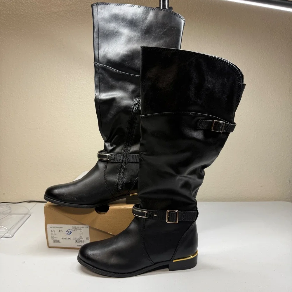 Call It Spring Black Faux Leather Knee High Boots Women's Size‎ 8.5 Gold Buckle